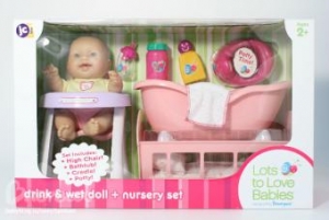 JC Toys 16600 Пупс в н-ре с горшком,ванночкой и стульчиком д/кормления